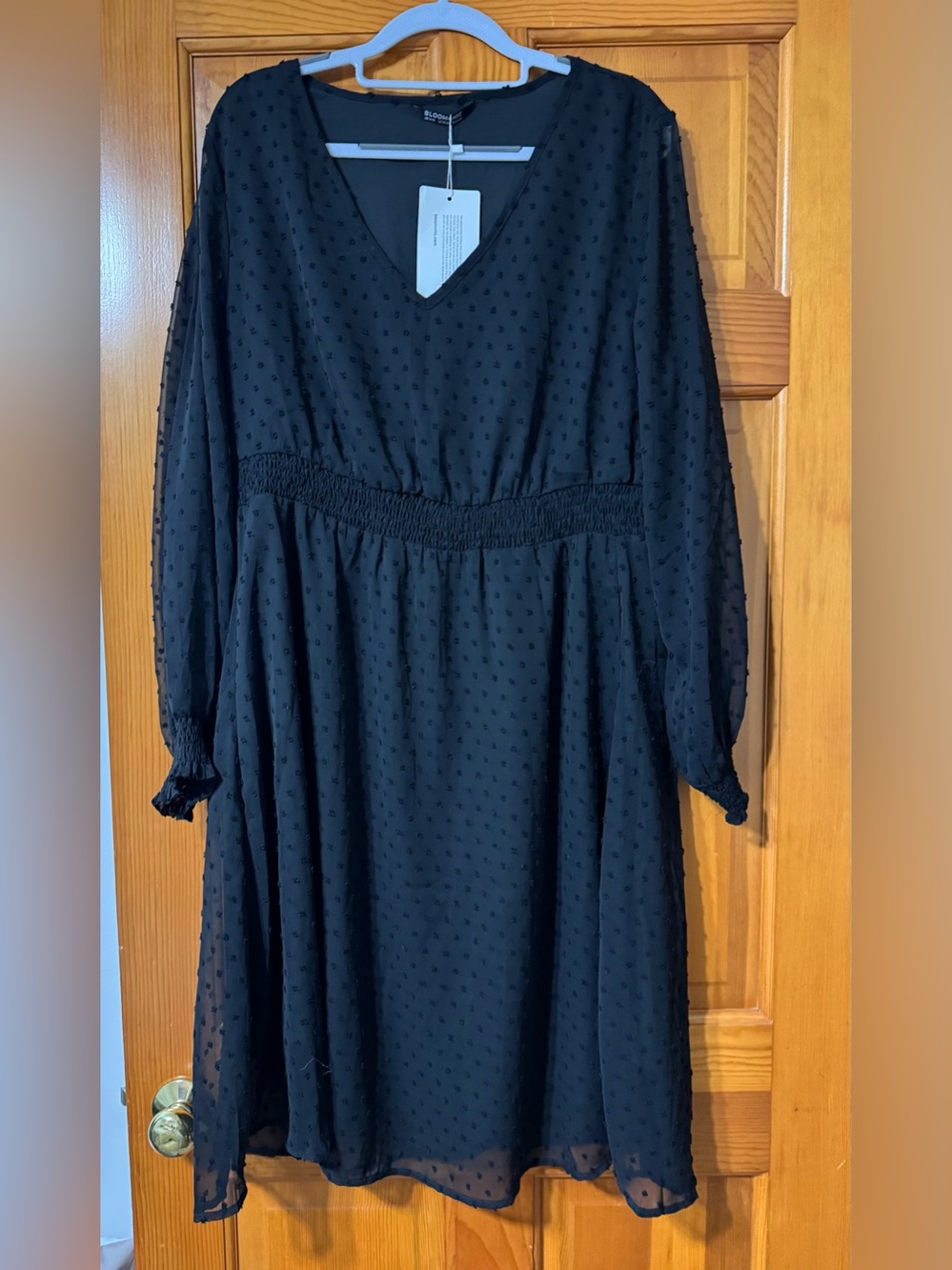 BloomChic Black Long Sleeve V-Neck Swiss Dot Dress with Smocked Waist
